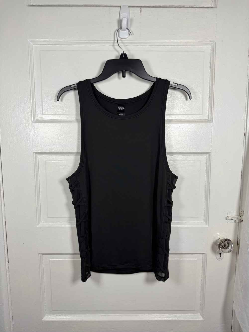 VS Victoria Sport Black Tank Top Sheer Side Lattice Detail Athletic Sporty S